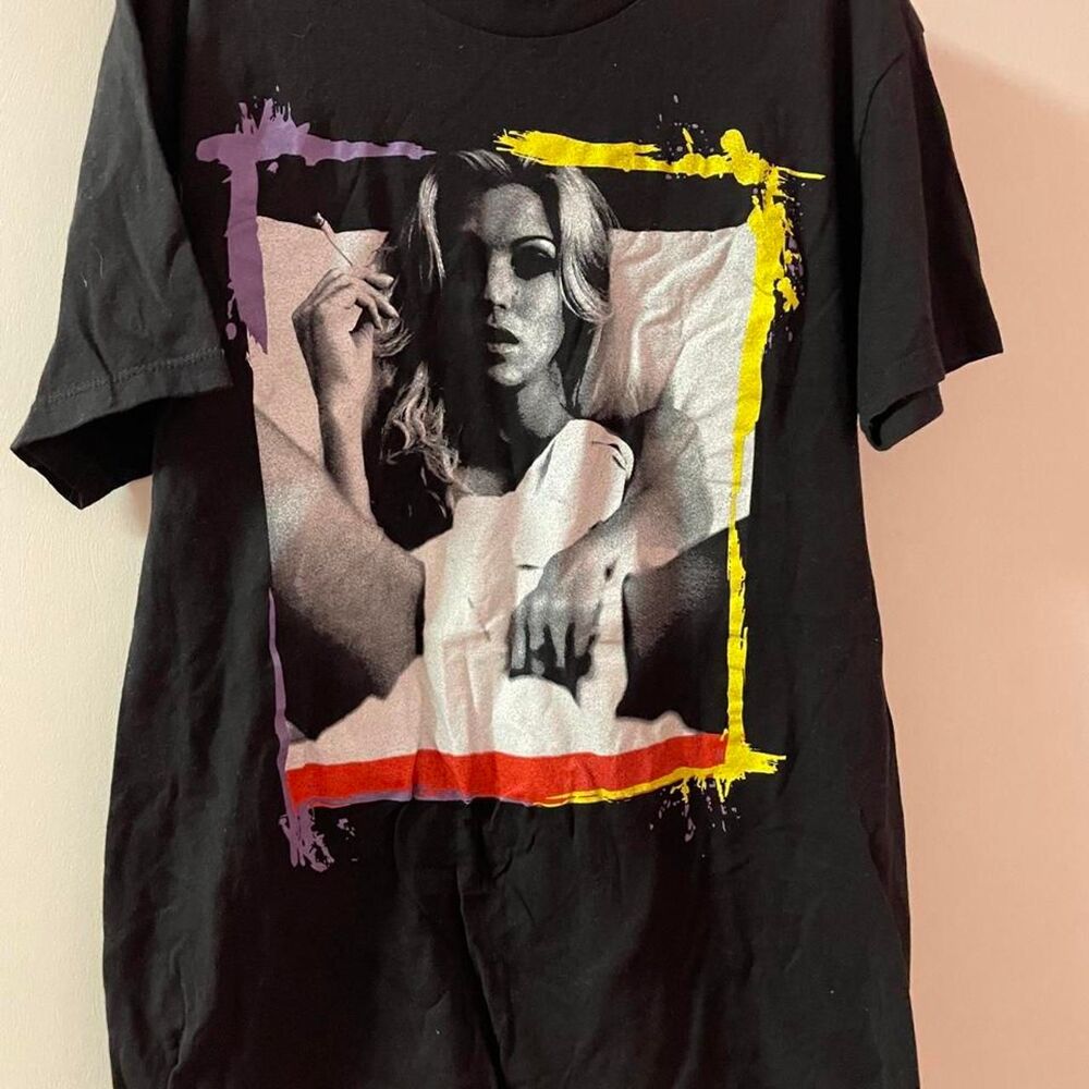 Men's y2k style black graphic tee with model Courtney Love